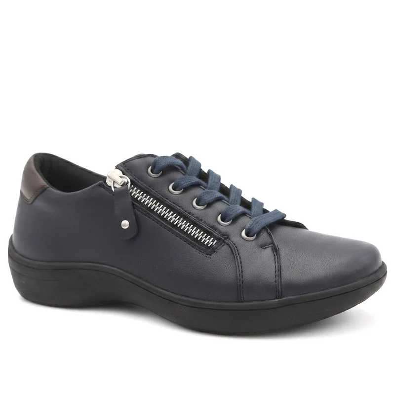Wide Fit Leather Zip & Lace Casual Trainers - KF44006 / 329 818 - Navy