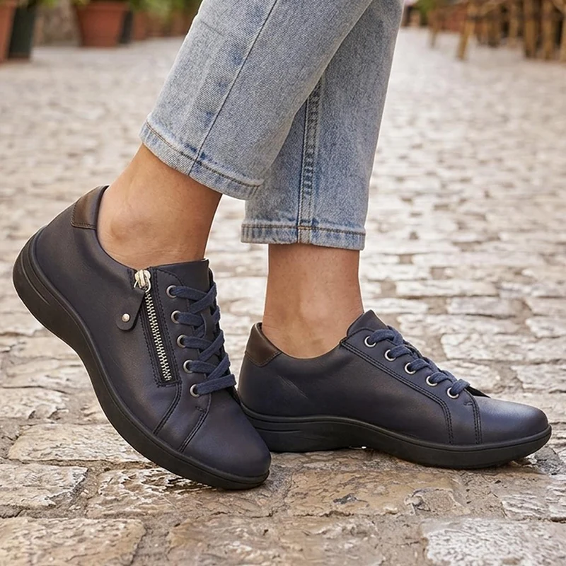 Wide Fit Leather Zip & Lace Casual Trainers - KF44006 / 329 818 - Navy