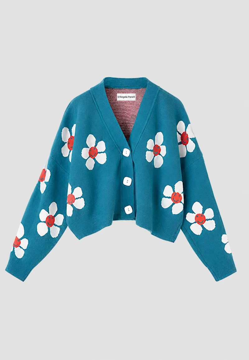 Damen-Strickjacke mit Blumenmuster und V-Ausschnitt – Santera