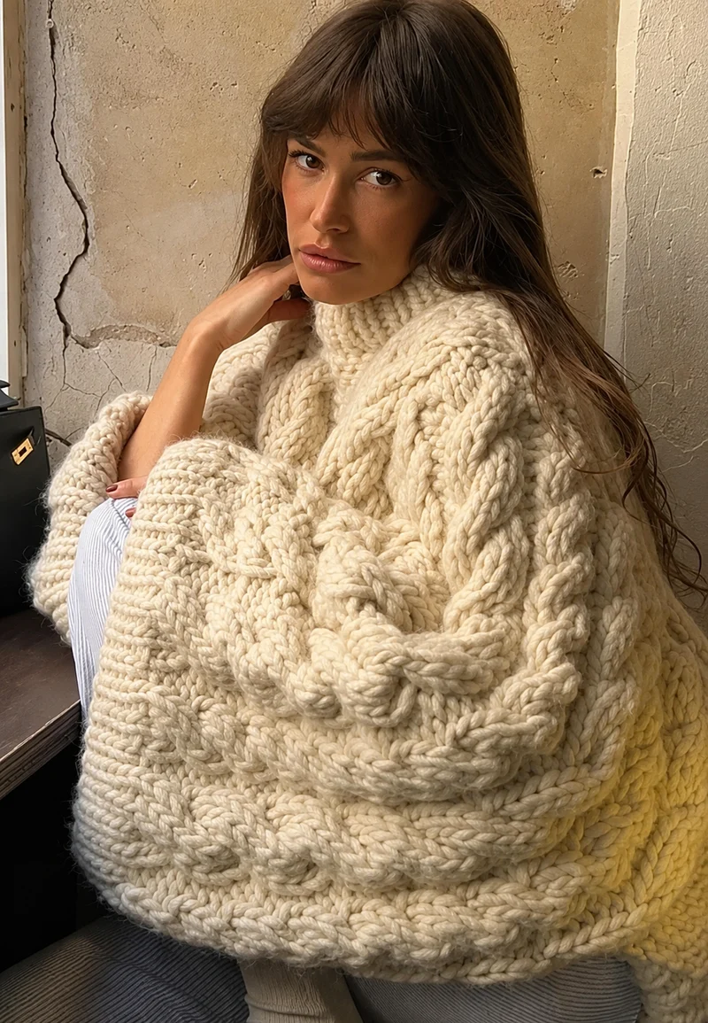 Oversize-Damenpullover mit Zopfmuster, ausgestelltem Ärmel und hohem Kragen – Nerina
