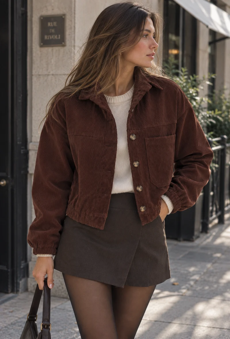 Kurze Damen-Cordjacke mit Hemdkragen und aufgesetzten Taschen – Anouk