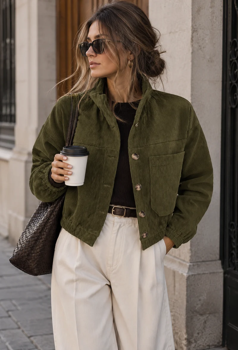 Kurze Damen-Cordjacke mit Hemdkragen und aufgesetzten Taschen – Anouk