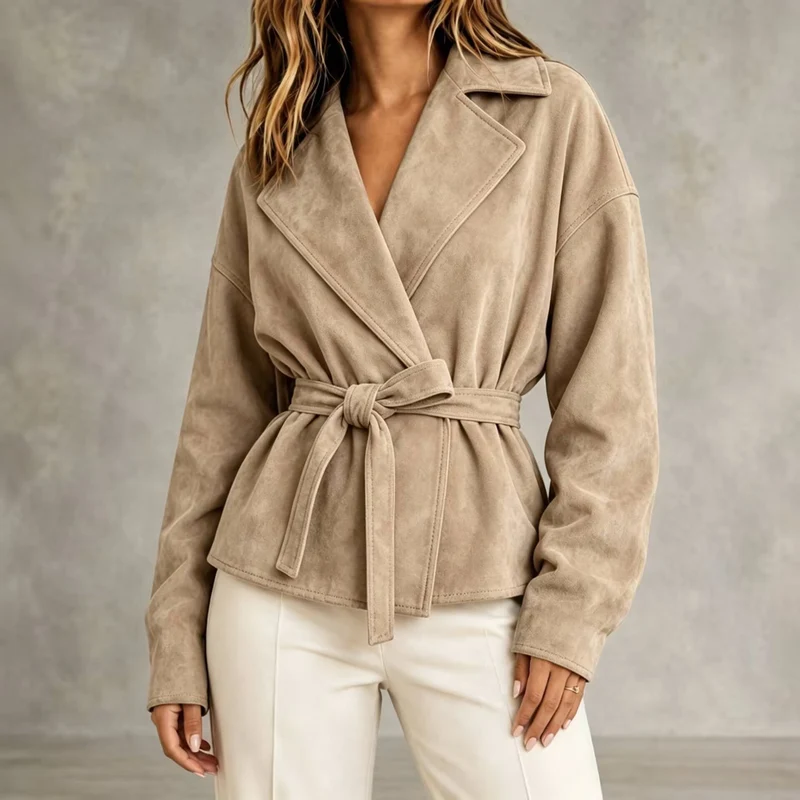 Kurze Damenjacke in Wildlederoptik mit Gürtel und Revers – Valérie
