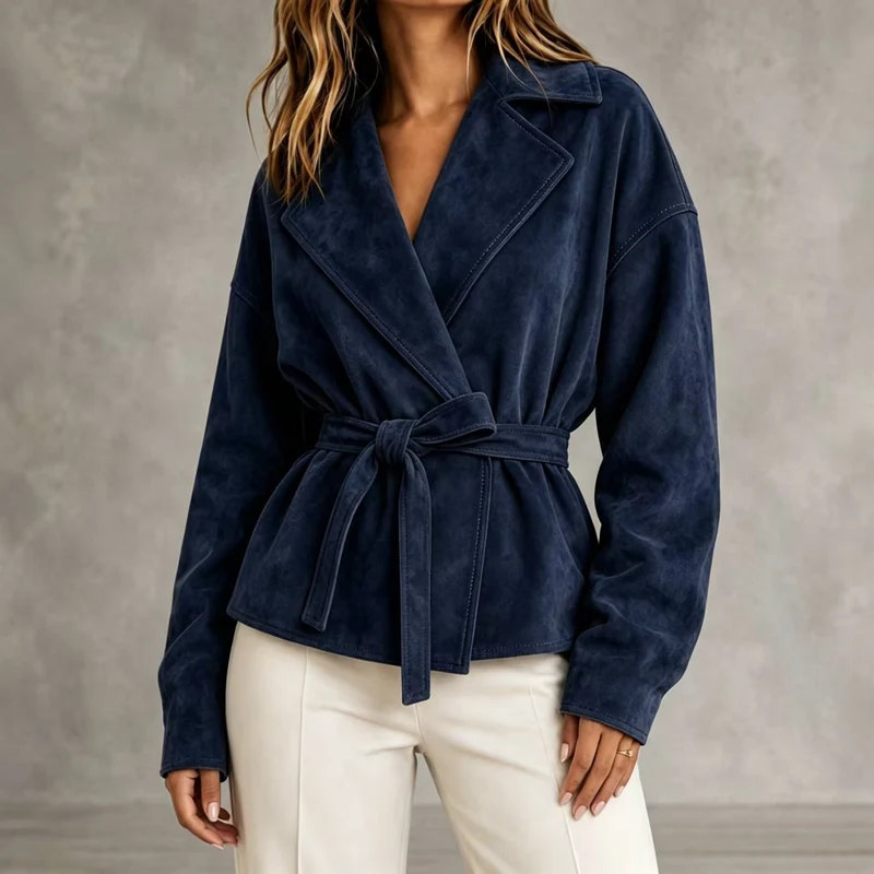 Kurze Damenjacke in Wildlederoptik mit Gürtel und Revers – Valérie