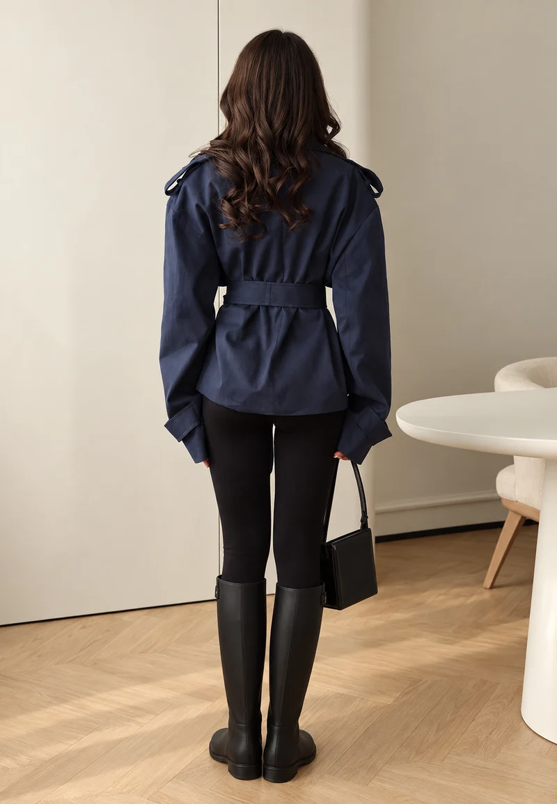 Eleganter kurzer Trenchcoat mit Gürtel und Revers – Nerea