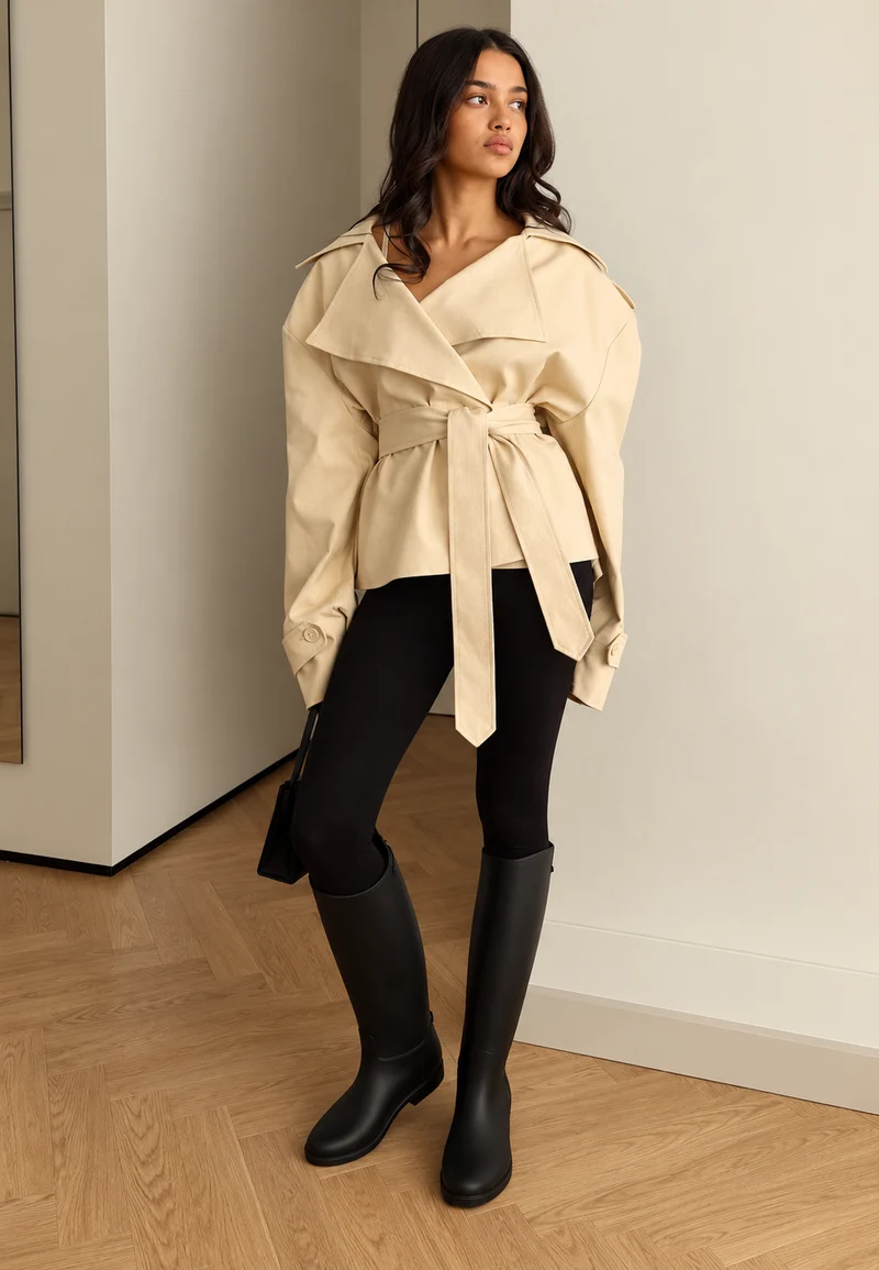 Eleganter kurzer Trenchcoat mit Gürtel und Revers – Nerea
