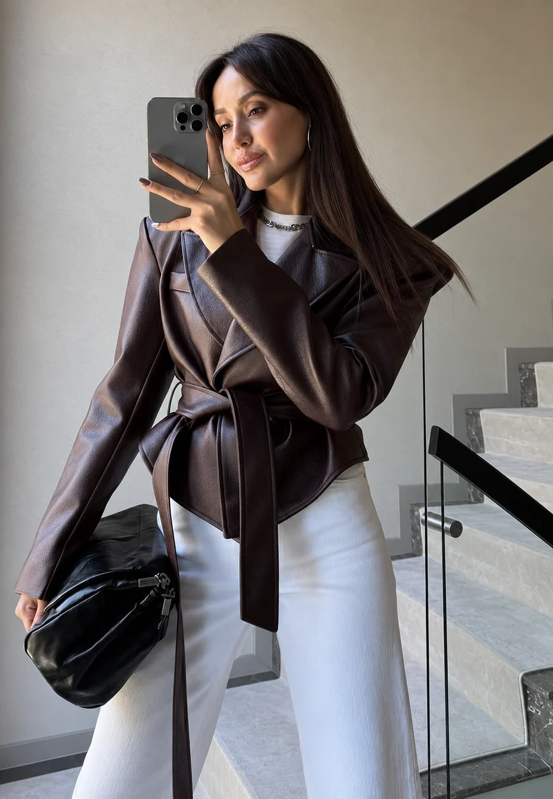 Damenblazer in Lederoptik mit Schleifengürtel – Elowen