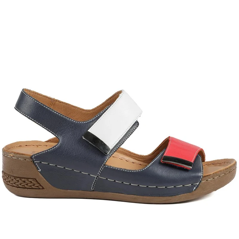 Leather Touch Fasten Wedge Sandals - AS43001 / 329 300 - Navy Multi