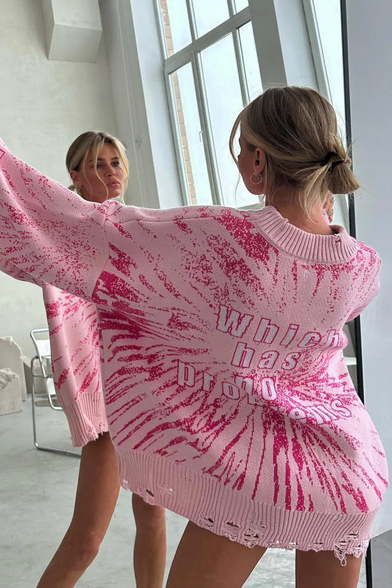 Oversize-Pullover für Damen mit grafischem Print und Zerrissen-Effekt – Liora