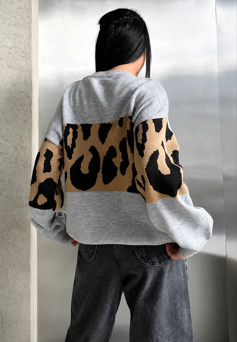Oversize-Damenpullover mit Leopardenmuster und Farbblöcken – Delphine