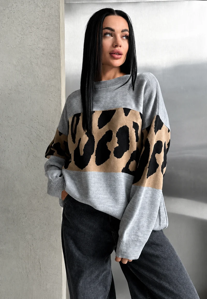 Oversize-Damenpullover mit Leopardenmuster und Farbblöcken – Delphine