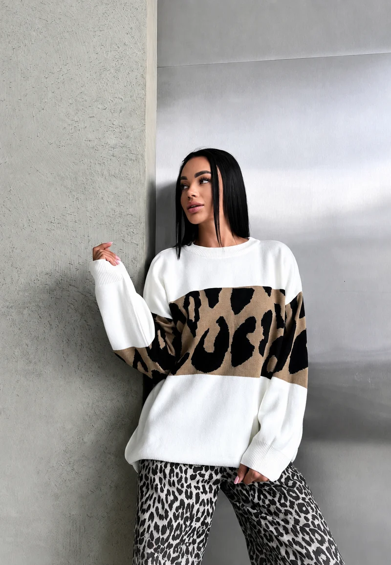 Oversize-Damenpullover mit Leopardenmuster und Farbblöcken – Delphine