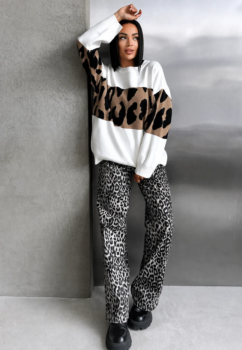 Oversize-Damenpullover mit Leopardenmuster und Farbblöcken – Delphine