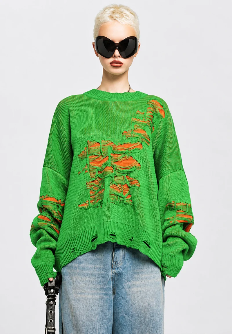 Oversize-Strickpullover für Damen mit offenem Strickmuster und dekorativen Rissen – Vianne