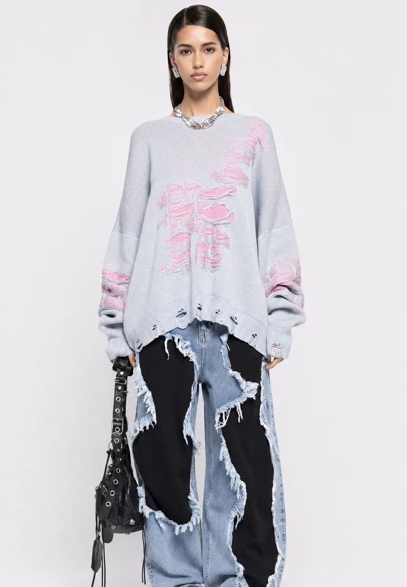 Oversize-Strickpullover für Damen mit offenem Strickmuster und dekorativen Rissen – Vianne
