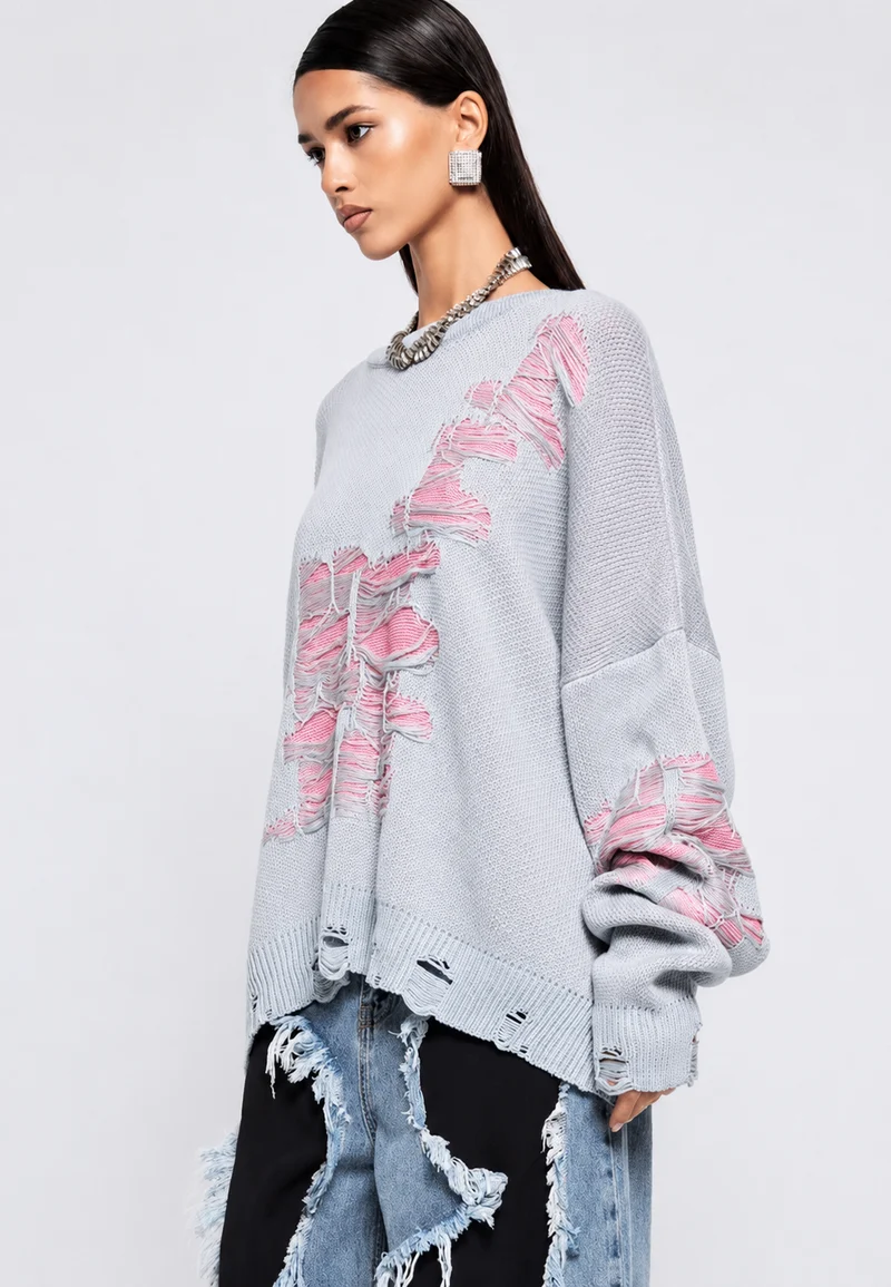 Oversize-Strickpullover für Damen mit offenem Strickmuster und dekorativen Rissen – Vianne