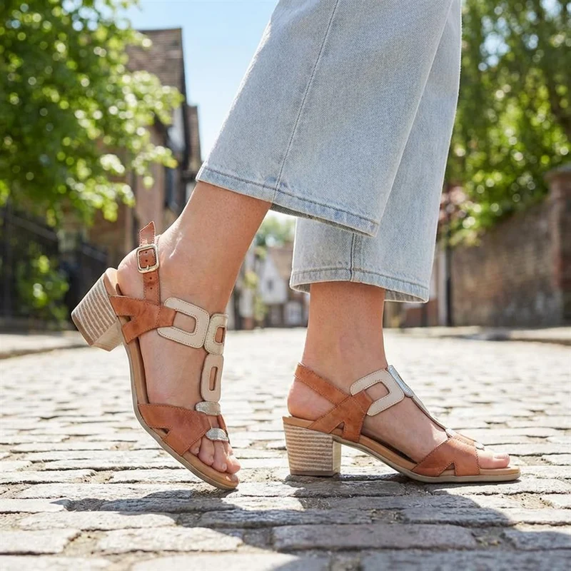 All Leather Block Heel Sandals - MAGO43000 / 329 390 - Tan Multi