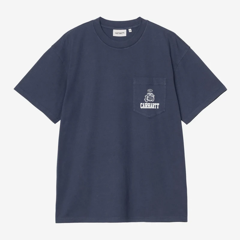 Carhartt WIP Pond Corps Herren-T-Shirt mit Brusttasche | Blau, schwere Stone-Wash-Waschung