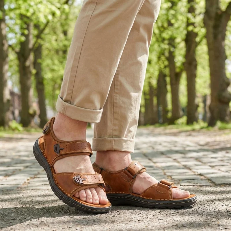 Men's Leather Adjustable Sandals - AATRA41002 / 326 946 - Tan