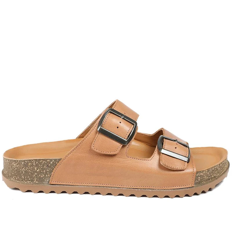 Leather Dual Buckle Fastening Sandals - METIN43022 / 329 635 - Tan Leather