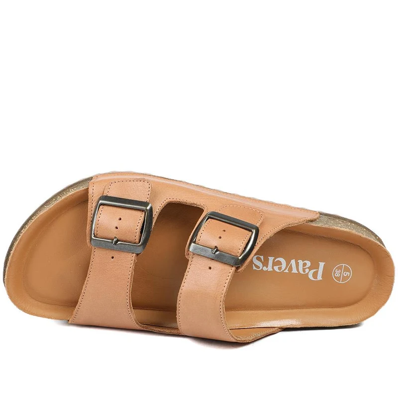 Leather Dual Buckle Fastening Sandals - METIN43022 / 329 635 - Tan Leather