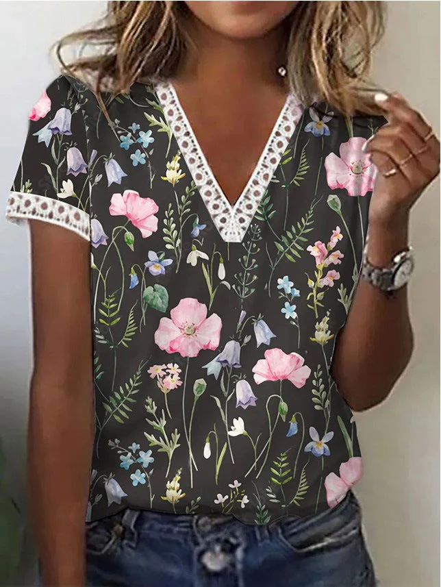 Sherly – Elegantes T-Shirt mit kurzen Ärmeln und V-Ausschnitt-Print für Damen