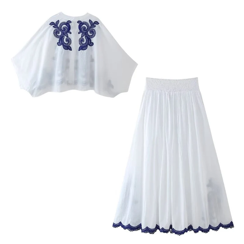 Damenset mit blumenbestickter Bluse und Rock im Bohème-Stil - Alondra