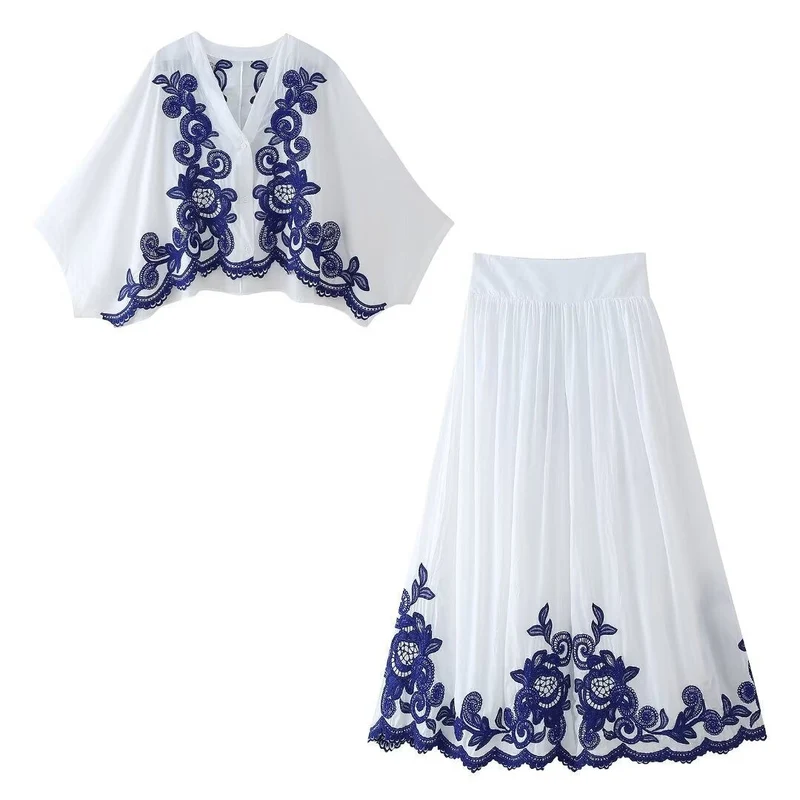Damenset mit blumenbestickter Bluse und Rock im Bohème-Stil - Alondra