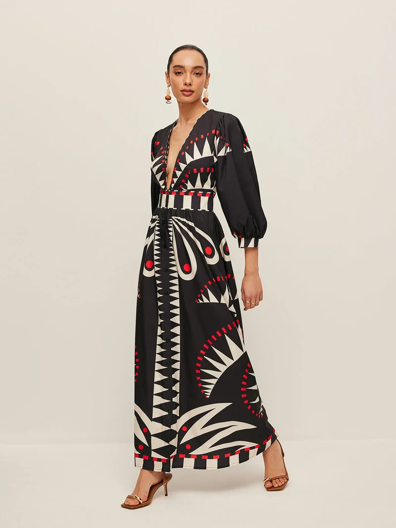 Dinah - Boho Print Kleid mit geteiltem V-Ausschnitt