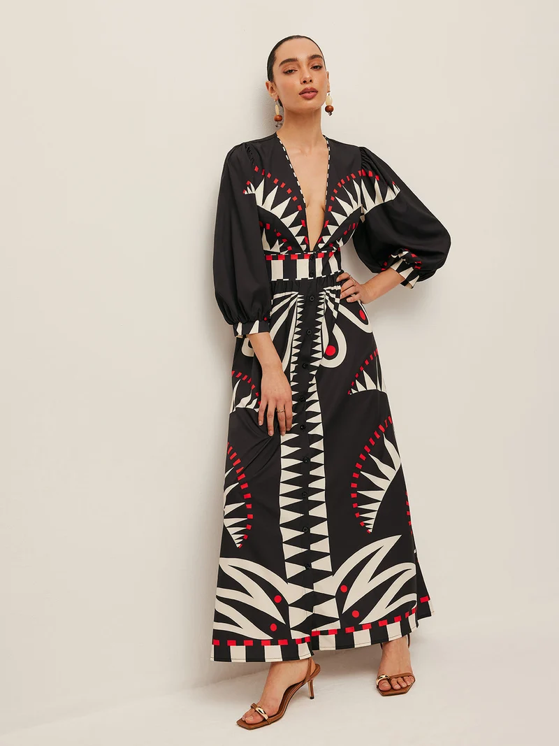 Dinah - Boho Print Kleid mit geteiltem V-Ausschnitt