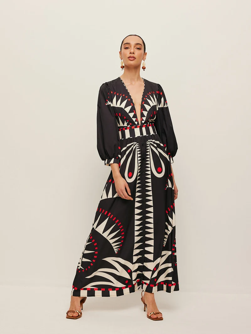 Dinah - Boho Print Kleid mit geteiltem V-Ausschnitt