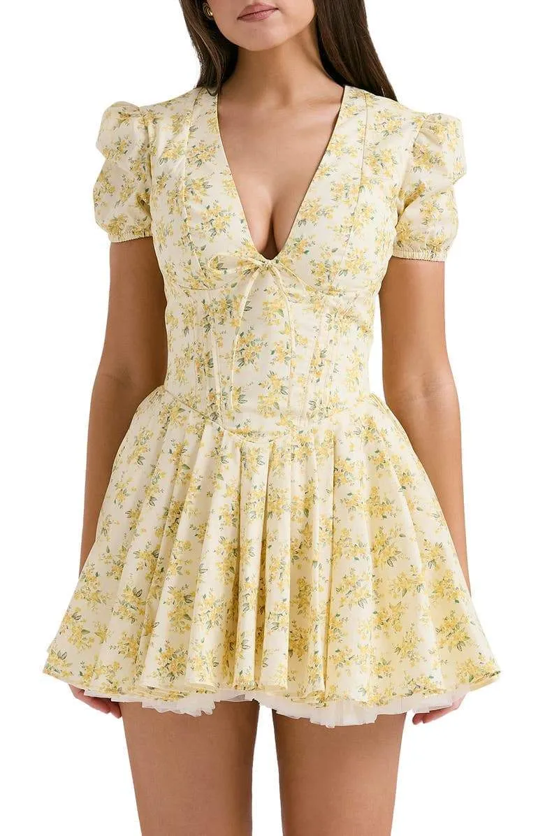 Emily - Korsett-Minikleid mit V-Ausschnitt Blumen-Korsett-Kleid