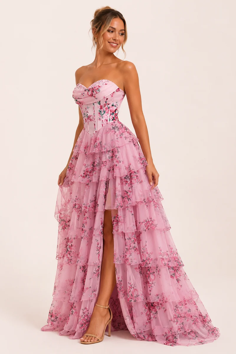 Langes Kleid mit Blumendruck Korsett - Elira
