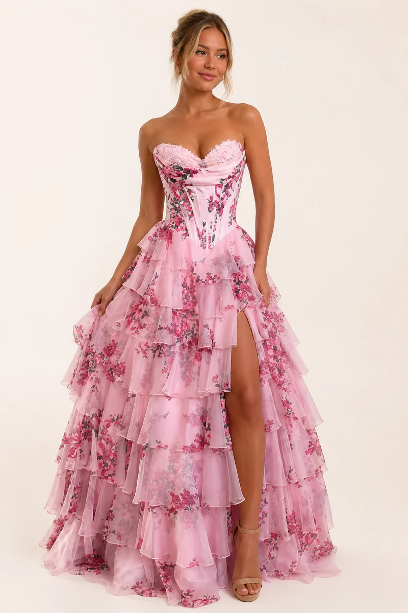 Langes Kleid mit Blumendruck Korsett - Elira