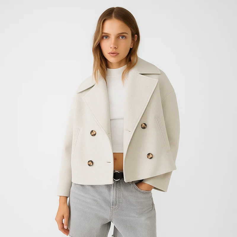 Kurze Damen-Wolljacke mit doppelreihigen Knöpfen - Heidi