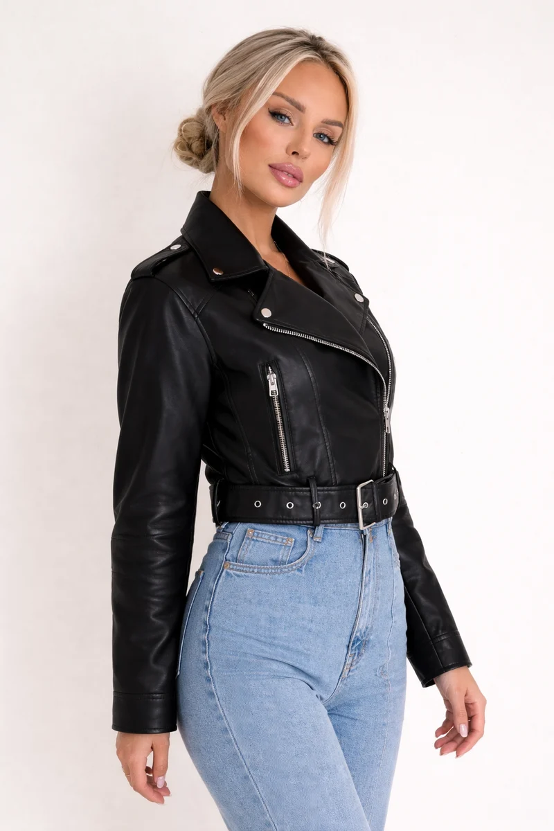 Kurze Damen-Bikerjacke mit Gürtel und Crossover-Verschluss - Zaireth