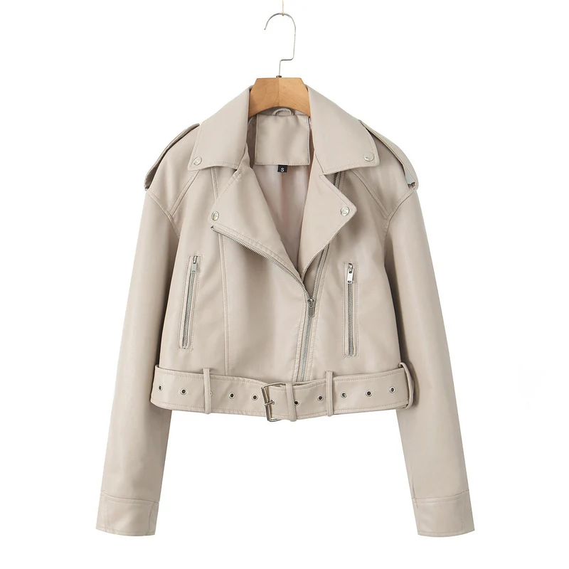 Kurze Damen-Bikerjacke mit Gürtel und Crossover-Verschluss - Zaireth