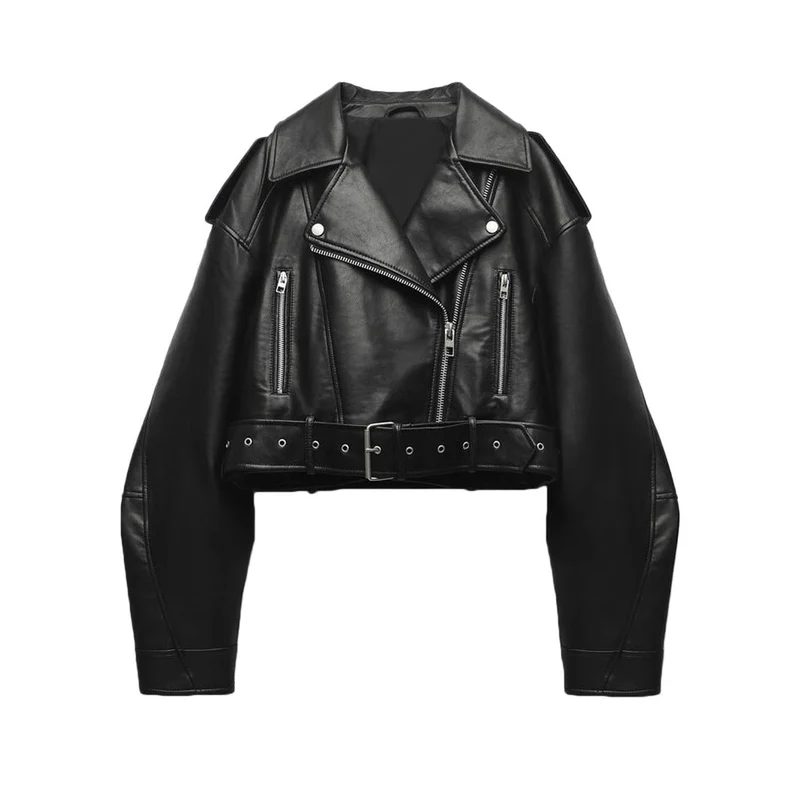 Kurze Damen-Bikerjacke mit Gürtel und Crossover-Verschluss - Zaireth