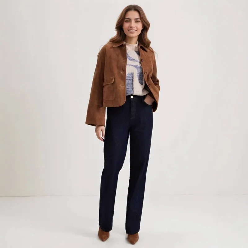 Kurze Wildlederjacke mit Fronttaschen für Damen - Alenor