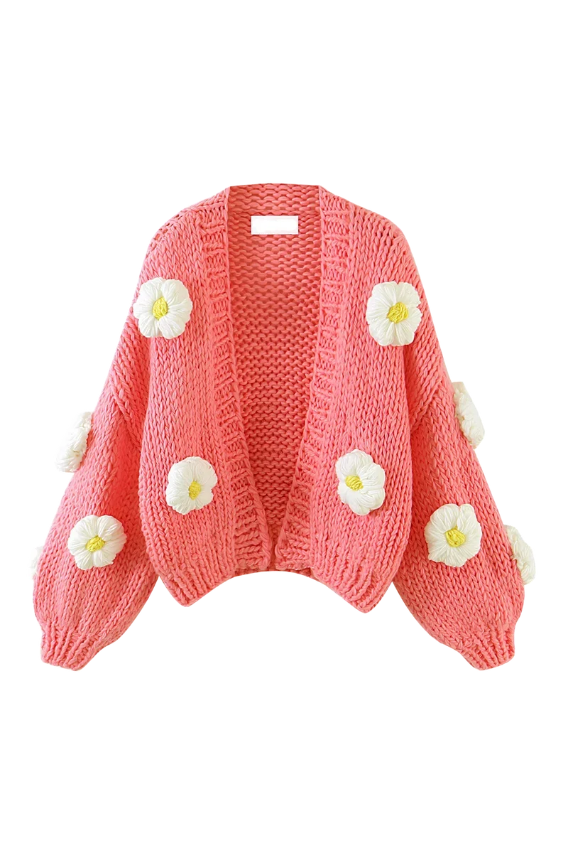 Damen-Strickjacke aus grobem Strick mit Blumenapplikationen und Puffärmeln – Mulinne