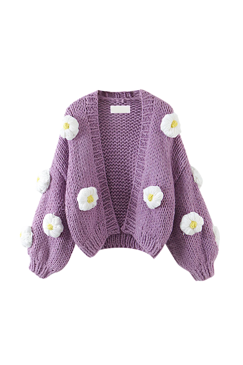 Damen-Strickjacke aus grobem Strick mit Blumenapplikationen und Puffärmeln – Mulinne