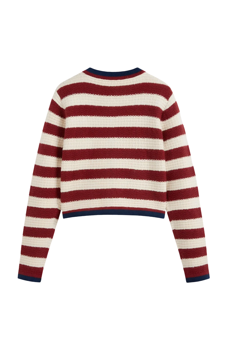 Damen-Strickjacke mit Streifen, Metallknöpfen und kontrastfarbenen Paspeln – Pastinne