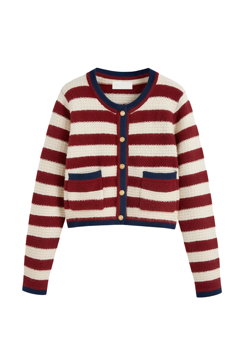 Damen-Strickjacke mit Streifen, Metallknöpfen und kontrastfarbenen Paspeln – Pastinne