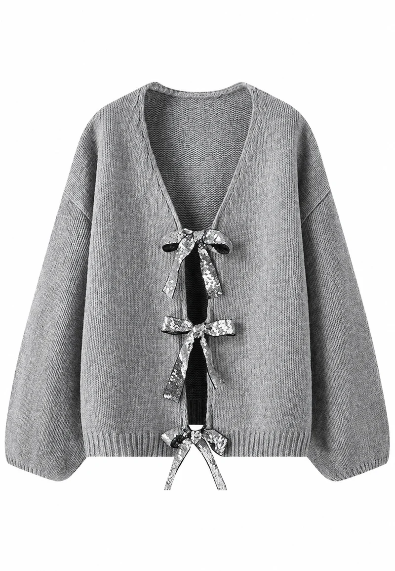 Damen-Strickjacke mit glitzernden Schleifen und V-Ausschnitt – Coronas