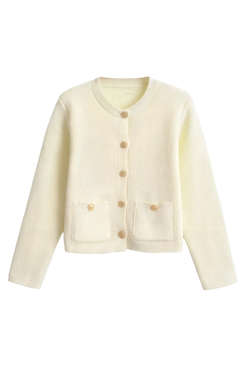 Damen-Strickjacke mit goldenen Knöpfen und Taschen – Aramilla