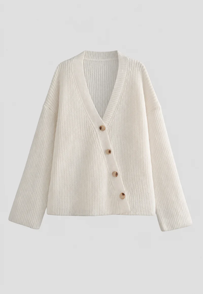 Oversize-Strickjacke für Damen, grob gestrickt, V-Ausschnitt, Knöpfe – Eilika