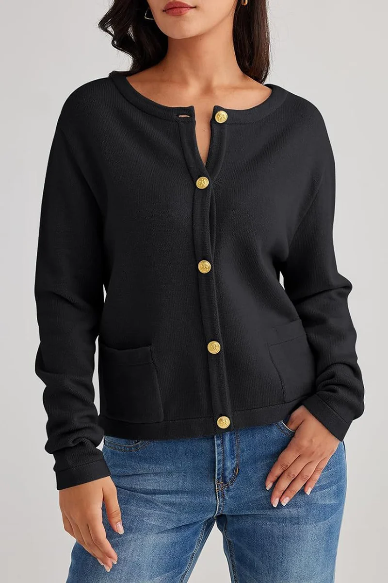 Damen-Strickjacke mit Rundhalsausschnitt, Knöpfen und Taschen – Sorelia