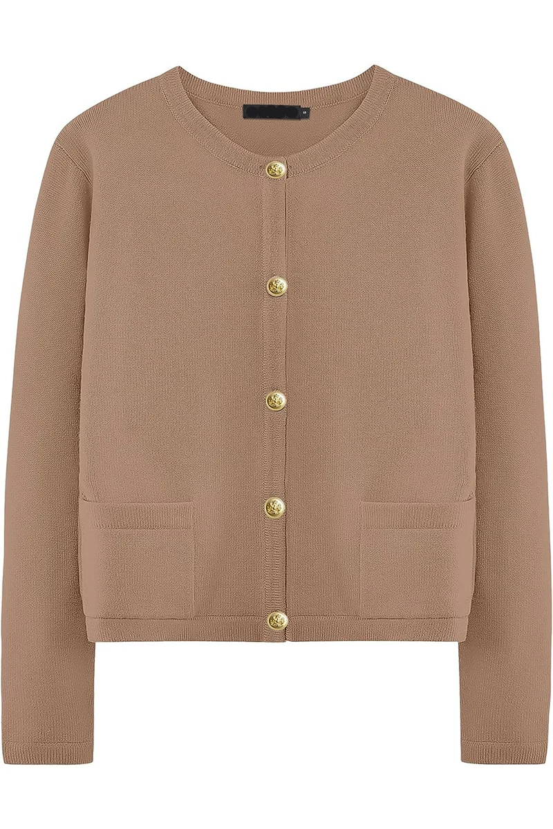 Damen-Strickjacke mit Rundhalsausschnitt, Knöpfen und Taschen – Sorelia