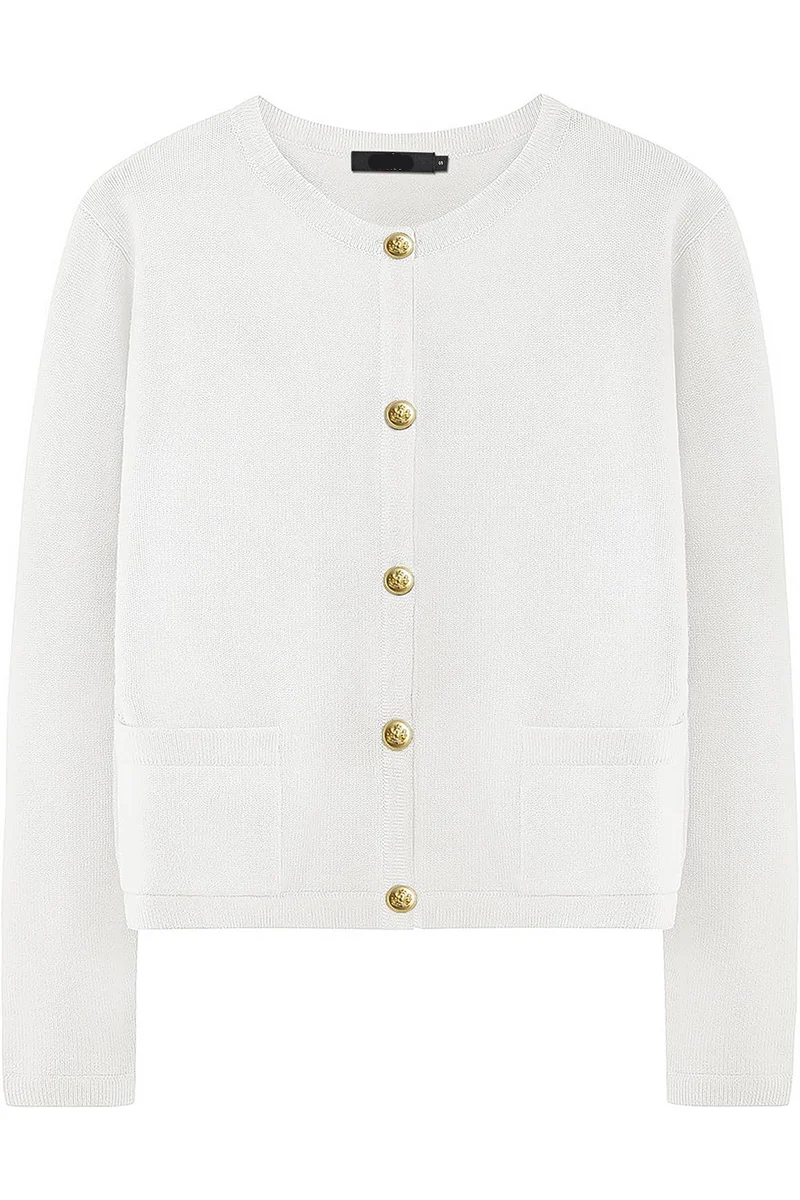 Damen-Strickjacke mit Rundhalsausschnitt, Knöpfen und Taschen – Sorelia