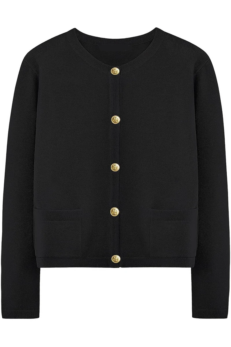 Damen-Strickjacke mit Rundhalsausschnitt, Knöpfen und Taschen – Sorelia